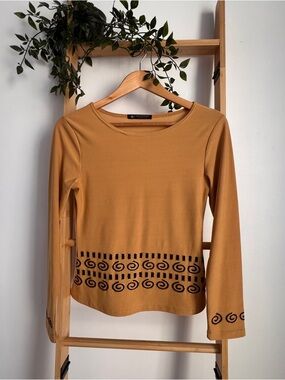 Marigold Yellow Long Sleeve Top Swirl Border Print Gold Glitter Size XSPetite